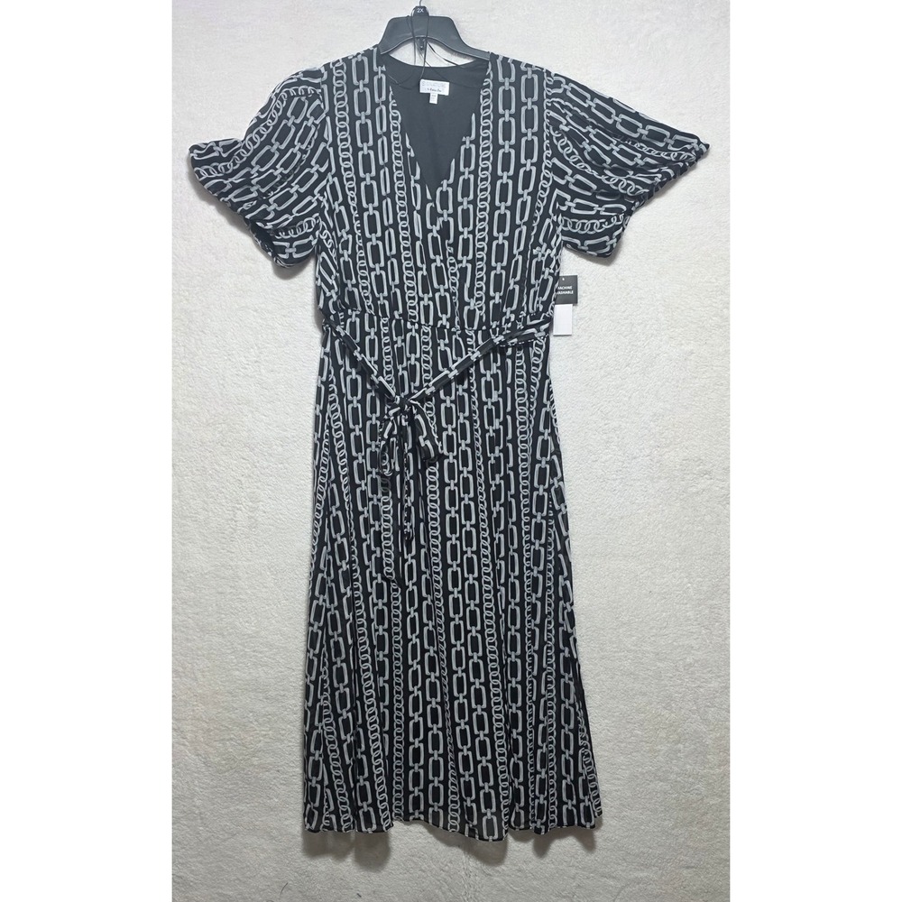 Signature by Robbie Bee Black White Chain Print Chiffon Midi Dress 18W NWT